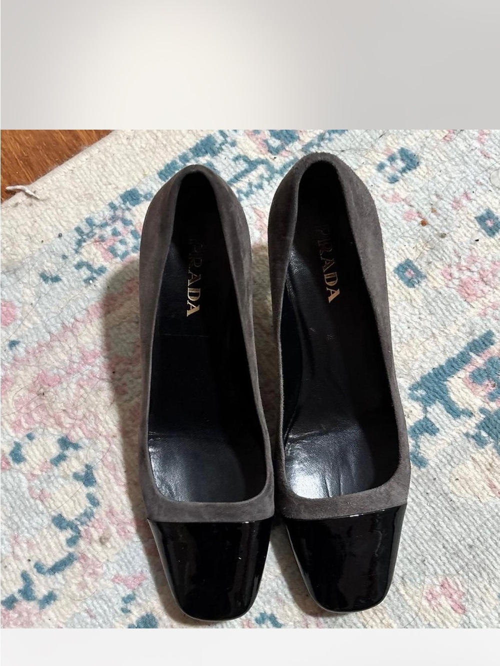 Prada Black Patent and Dark Brown Suede Square-Toe Pumps